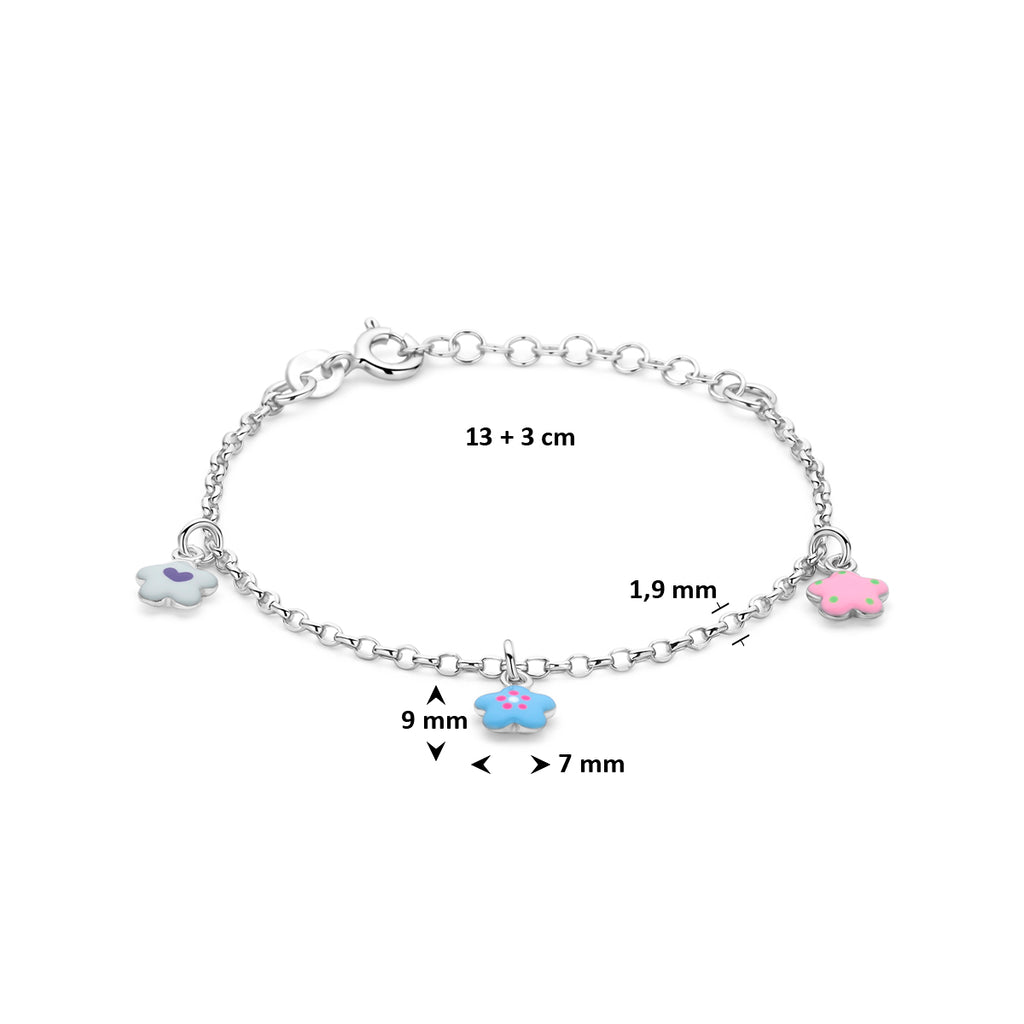 armband bloemen emaille 13 + 3 cm zilver gerhodineerd