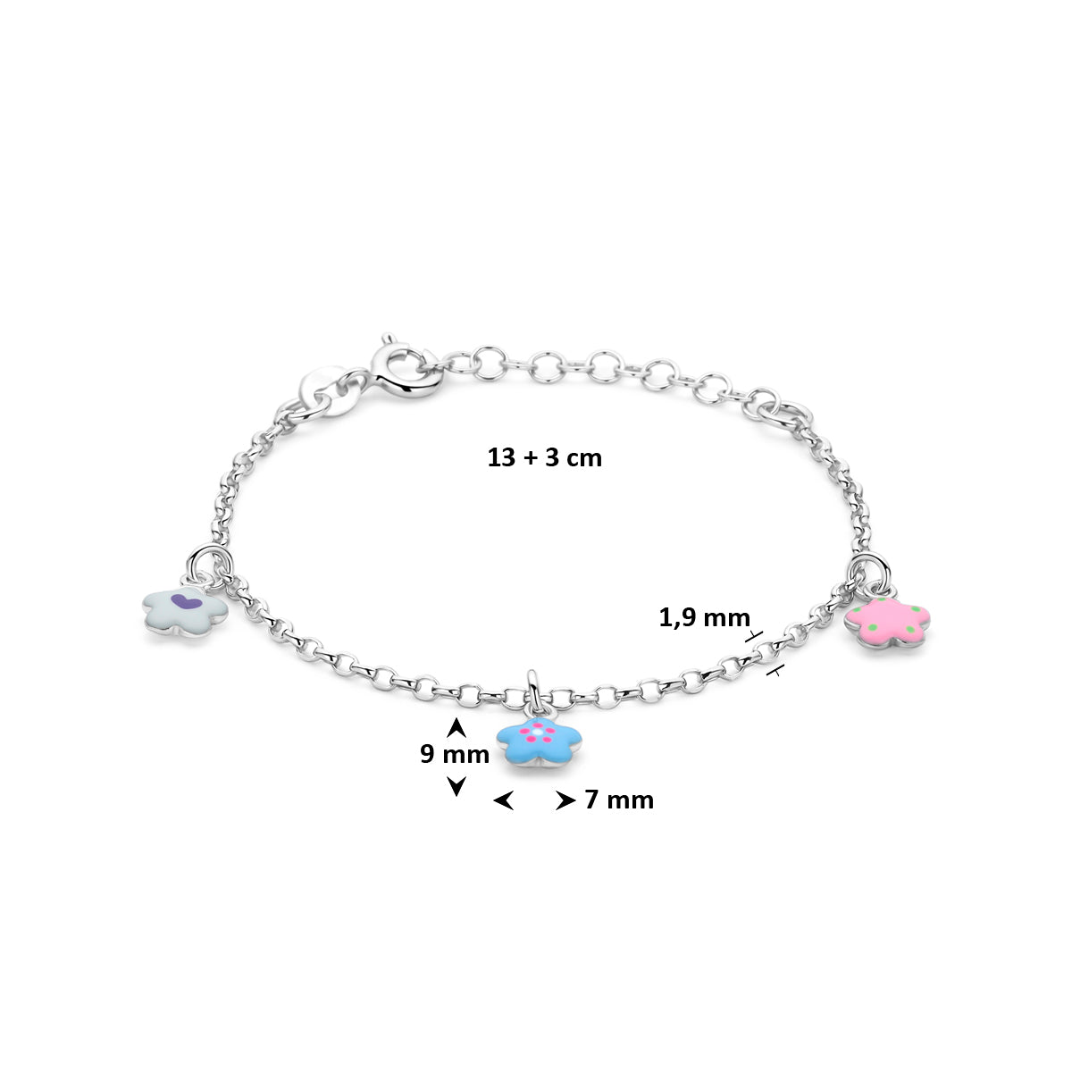armband bloemen emaille 13 + 3 cm zilver gerhodineerd