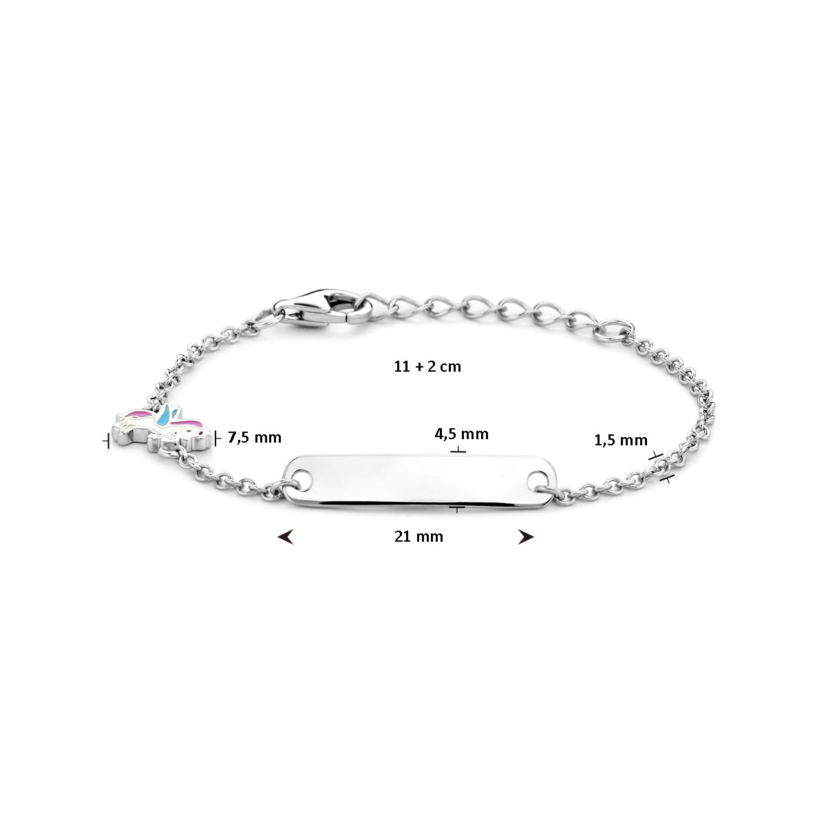Gravurarmband Einhorn Plättchen 4,5 mm 11 + 2 cm Silber rhodiniert