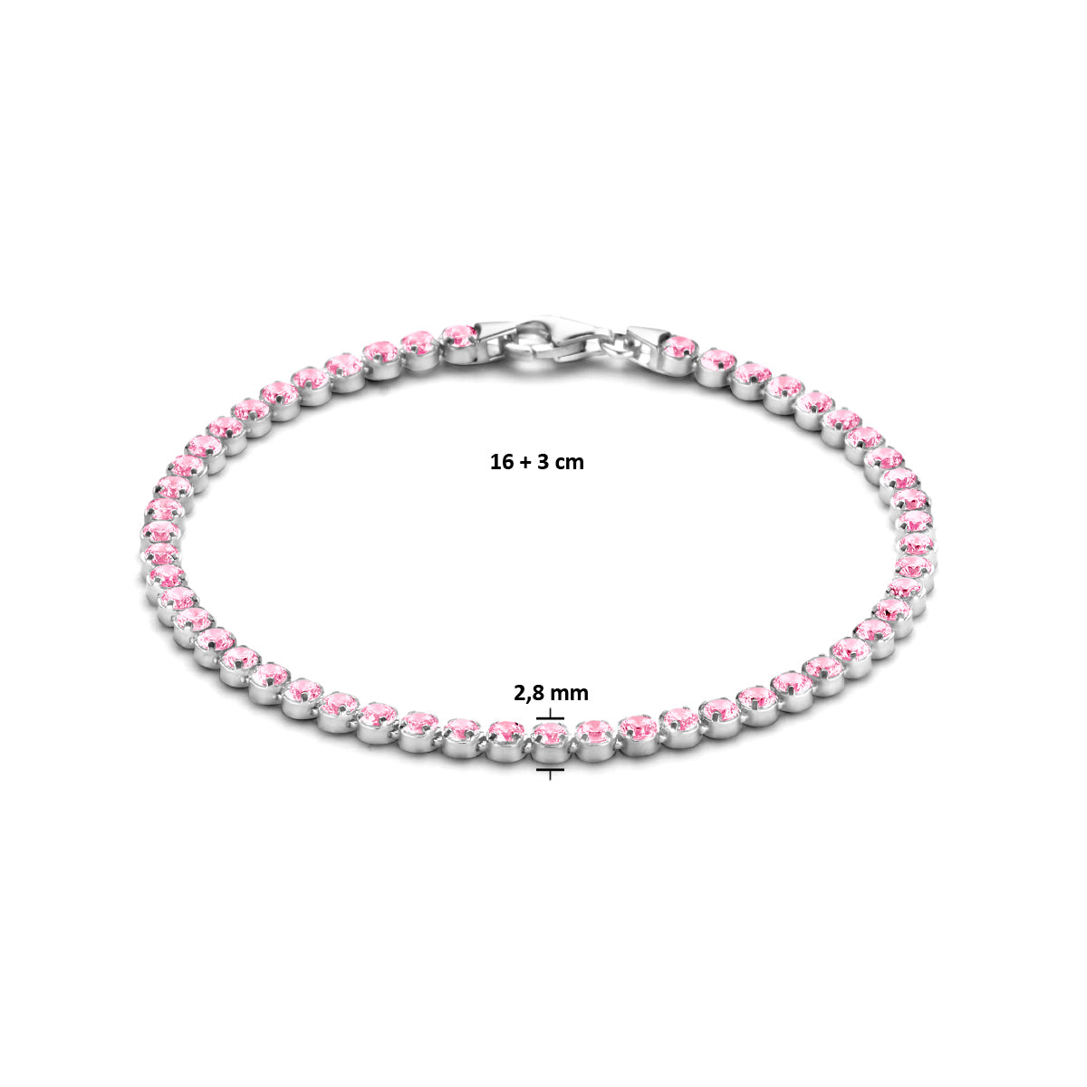 tennisarmband roze zirkonia 2,8 mm 16 + 3 cm zilver gerhodineerd