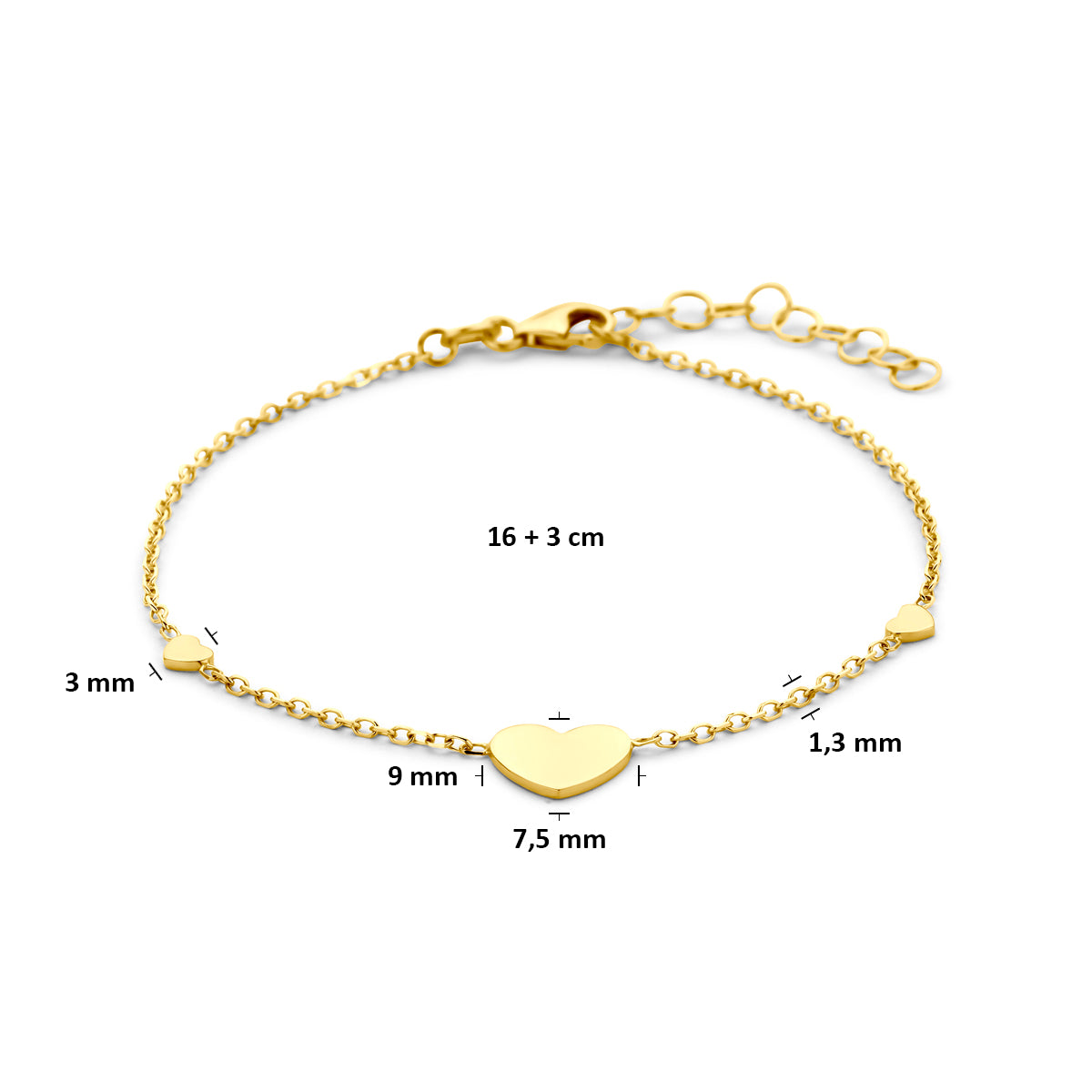 armband hartjes 16 + 3 cm 14K geelgoud