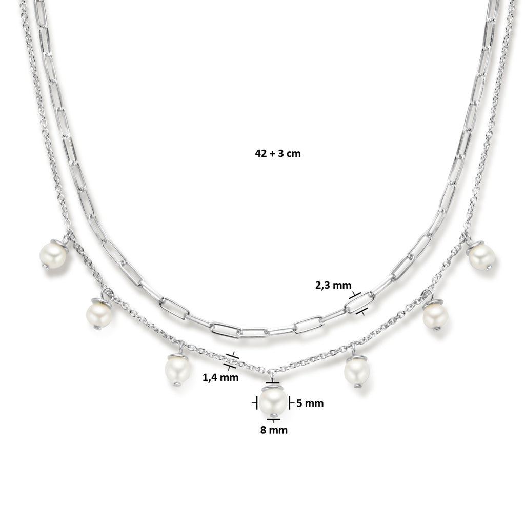 Mehrhalskette Perlen 42 + 3 cm Silber rhodiniert