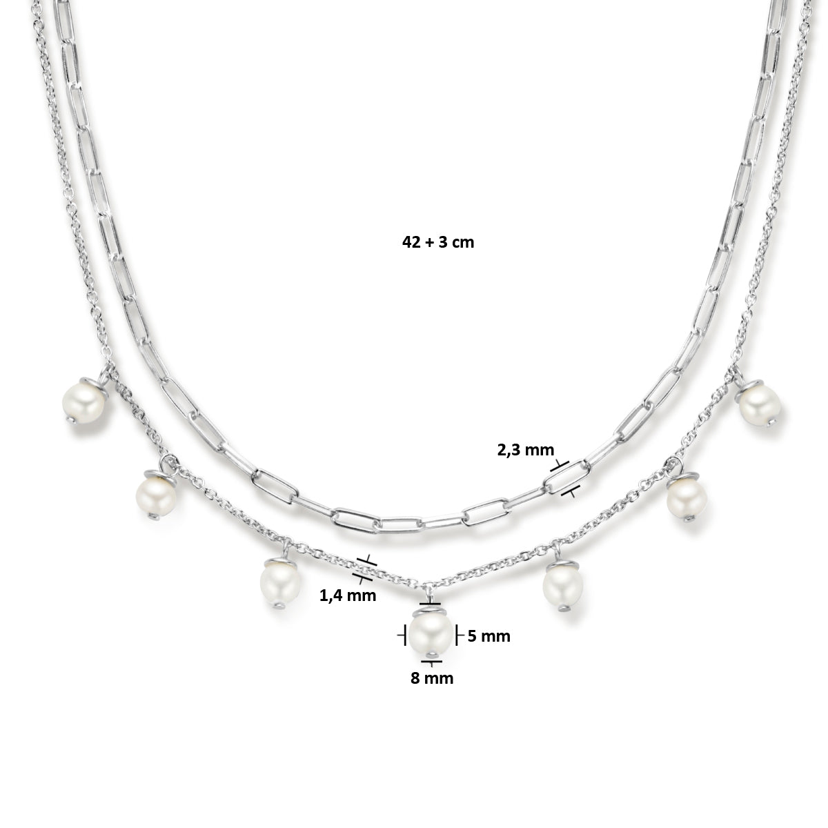 Mehrhalskette Perlen 42 + 3 cm Silber rhodiniert
