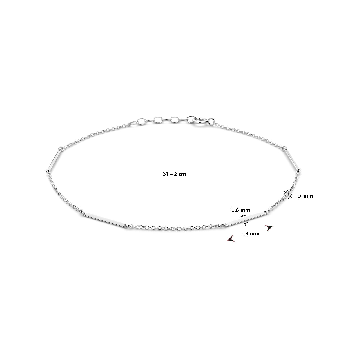 Fußkettchen Balken 1,6 mm 24 + 2 mm Silber rhodiniert