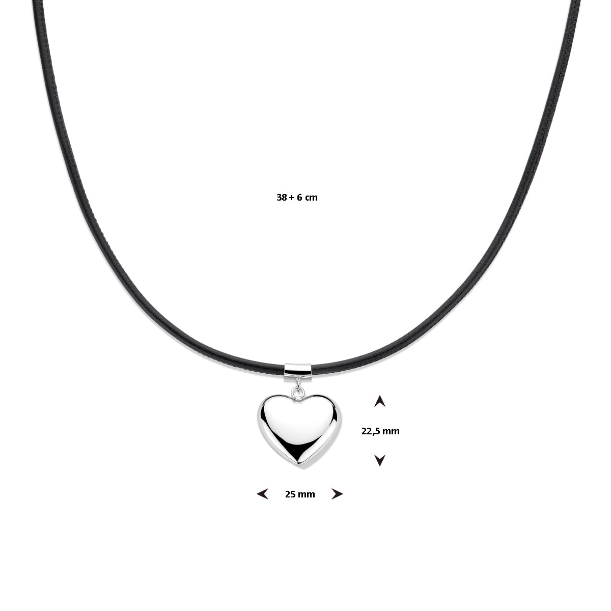 Halskette Herz 38 + 6 cm Silber rhodiniert mit Gummi/Nylon/Leder