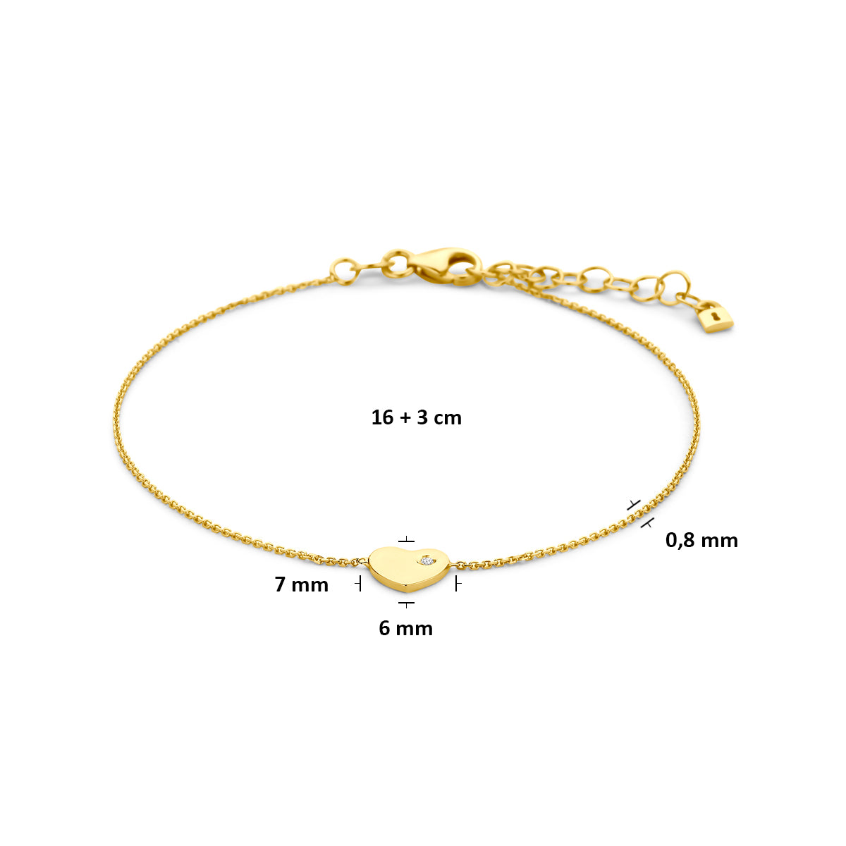 9k armband hartje zirkonia 16 + 3 cm 9K geel