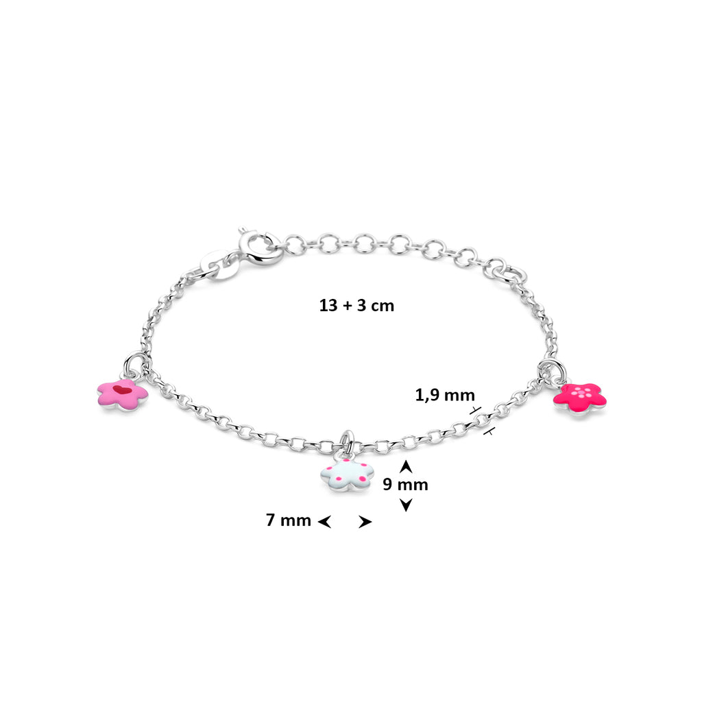 armband bloemen emaille 13 + 3 cm zilver gerhodineerd