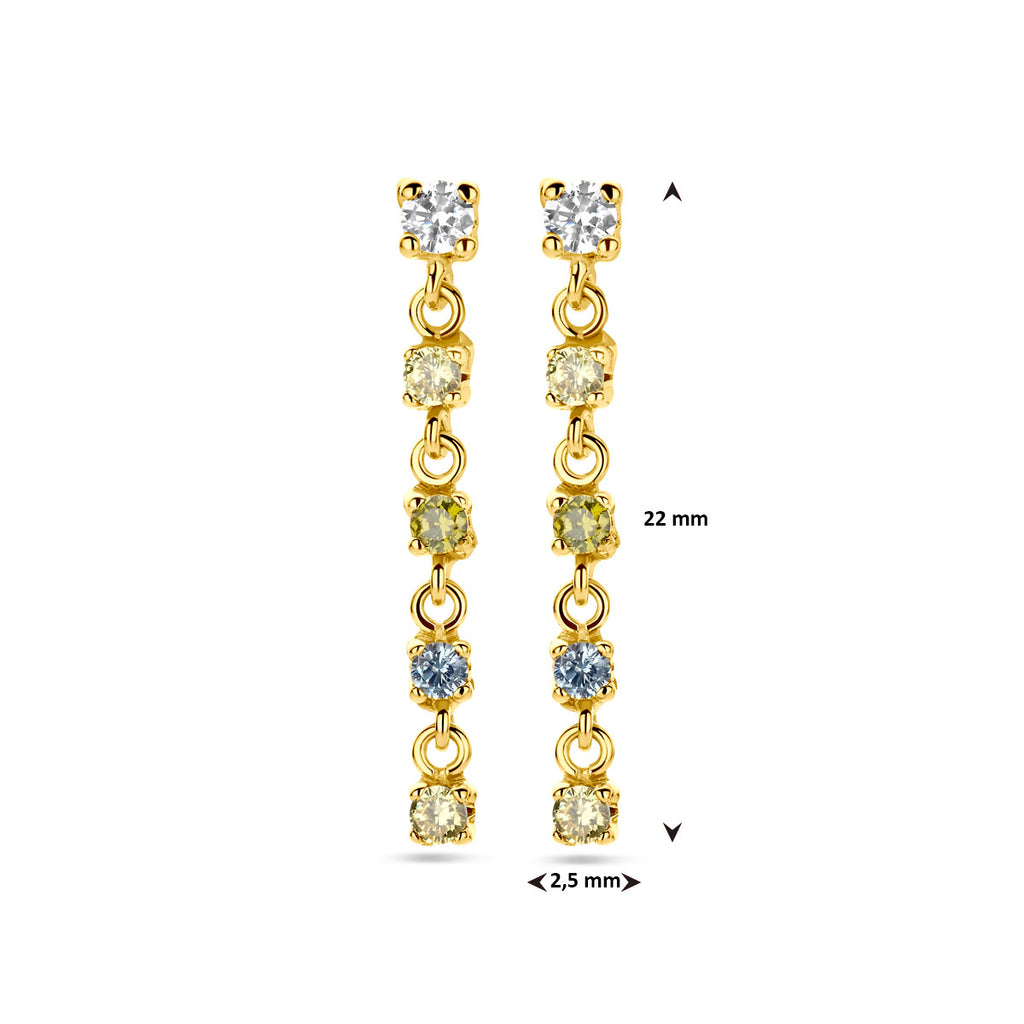 oorhangers wit, geel en groen zirkonia en synth. aquamarijn 22 mm 14K geelgoud