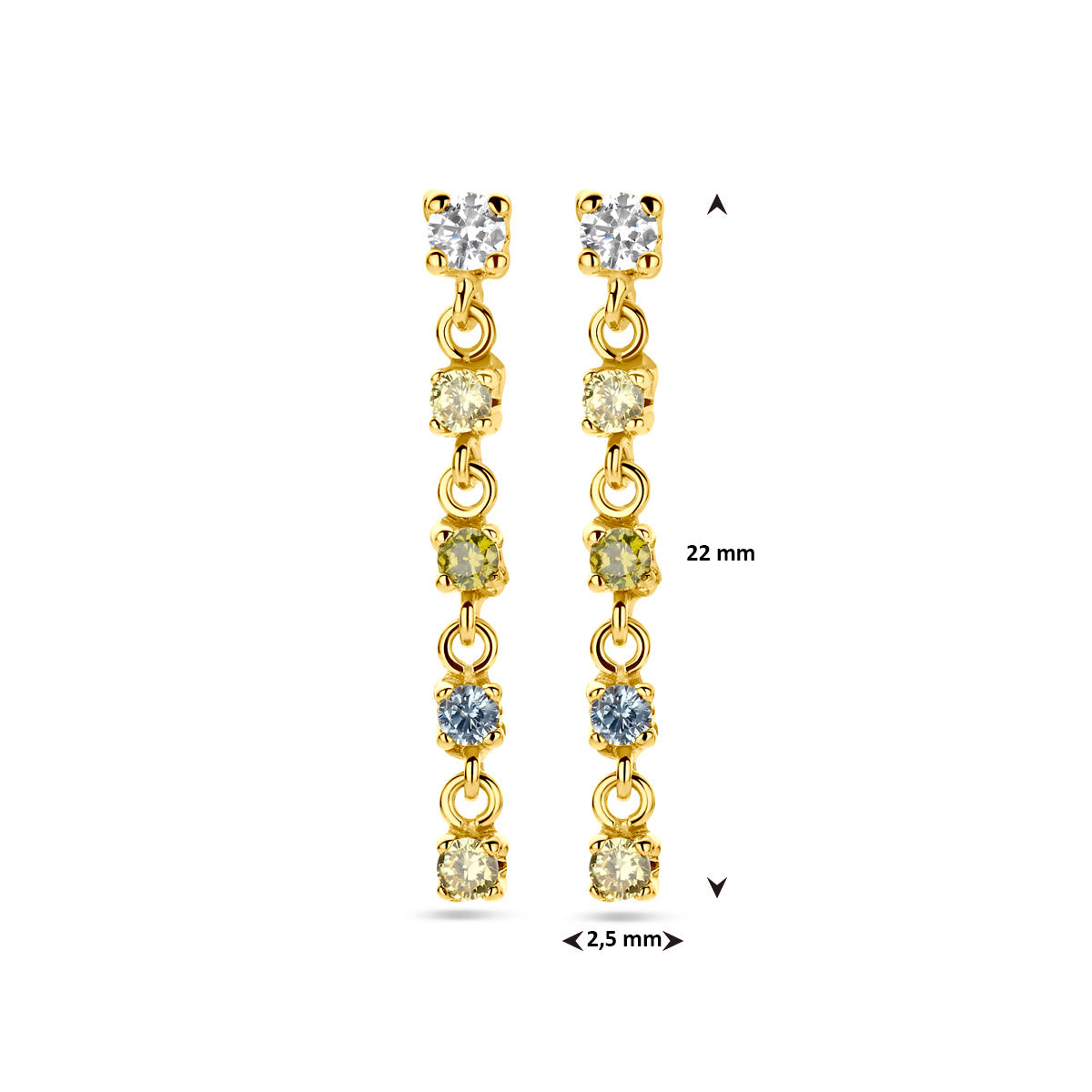 oorhangers wit, geel en groen zirkonia en synth. aquamarijn 22 mm 14K geelgoud