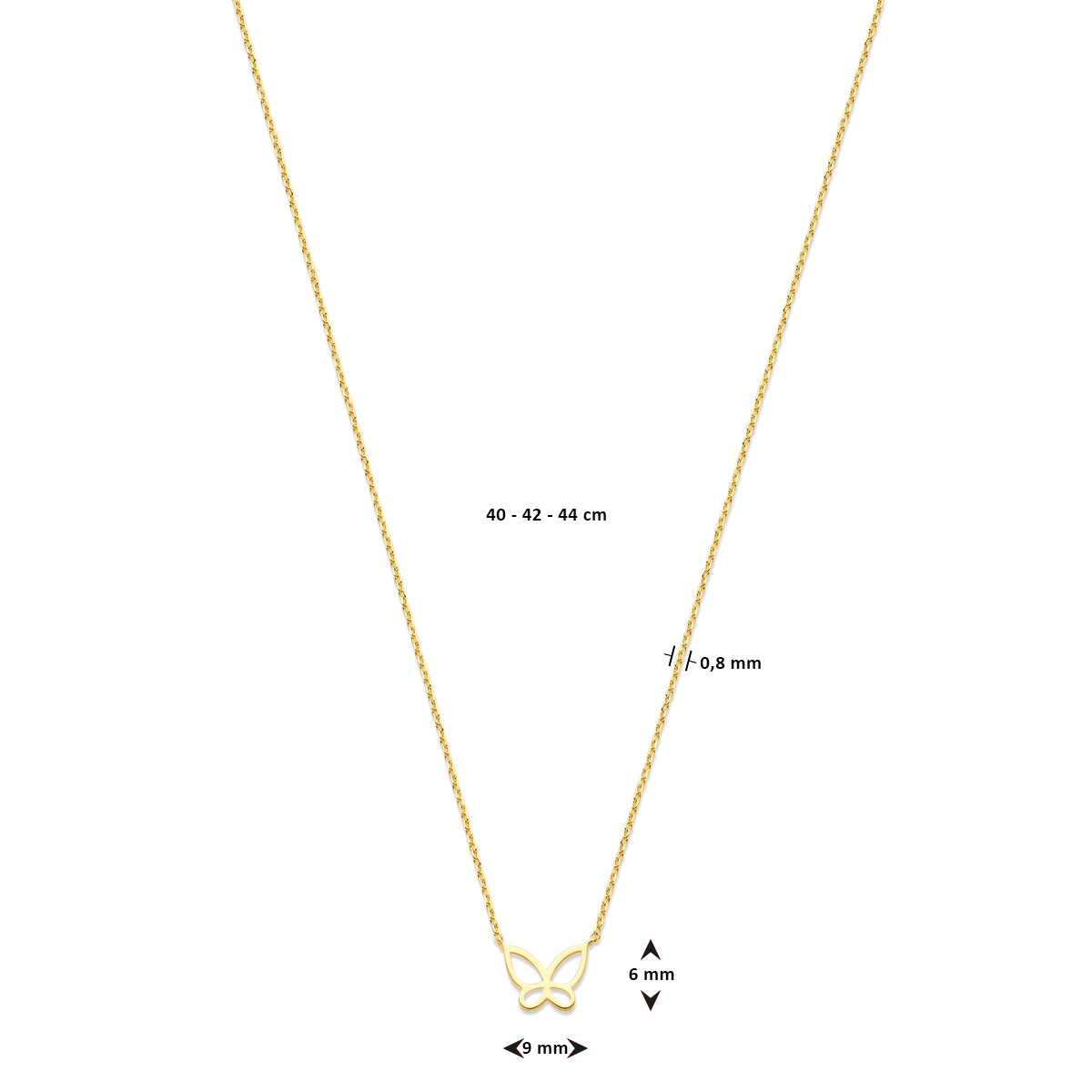 collier vlinder 40 - 42 - 44 cm 14K geelgoud