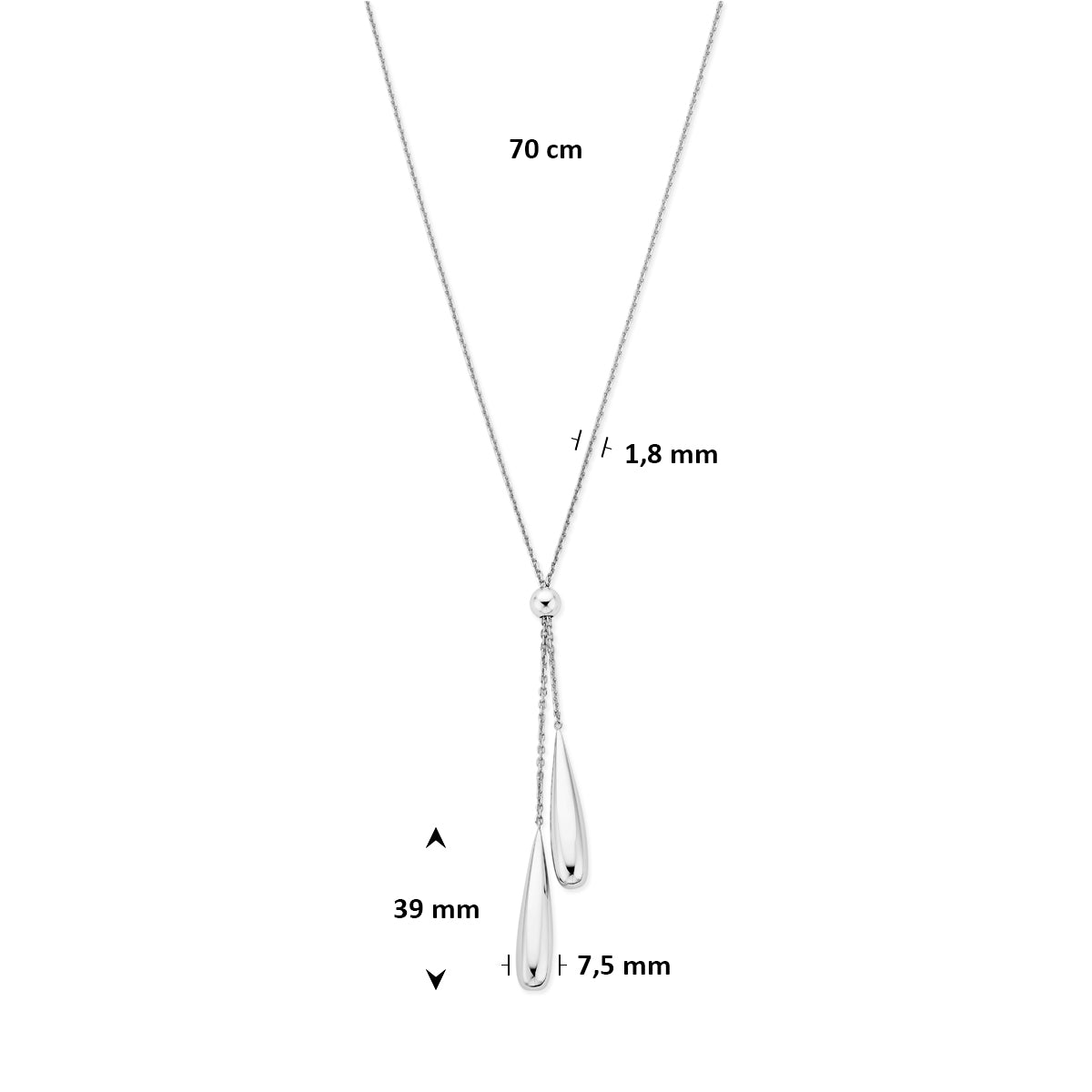 y-collier druppels 70 cm zilver gerhodineerd