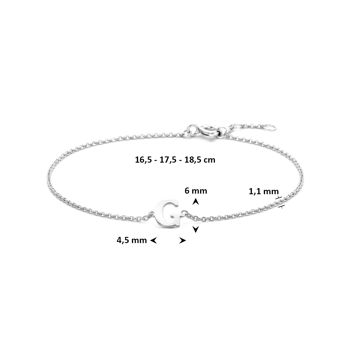 armband letter 16,5 - 17,5 - 18,5 cm zilver gerhodineerd