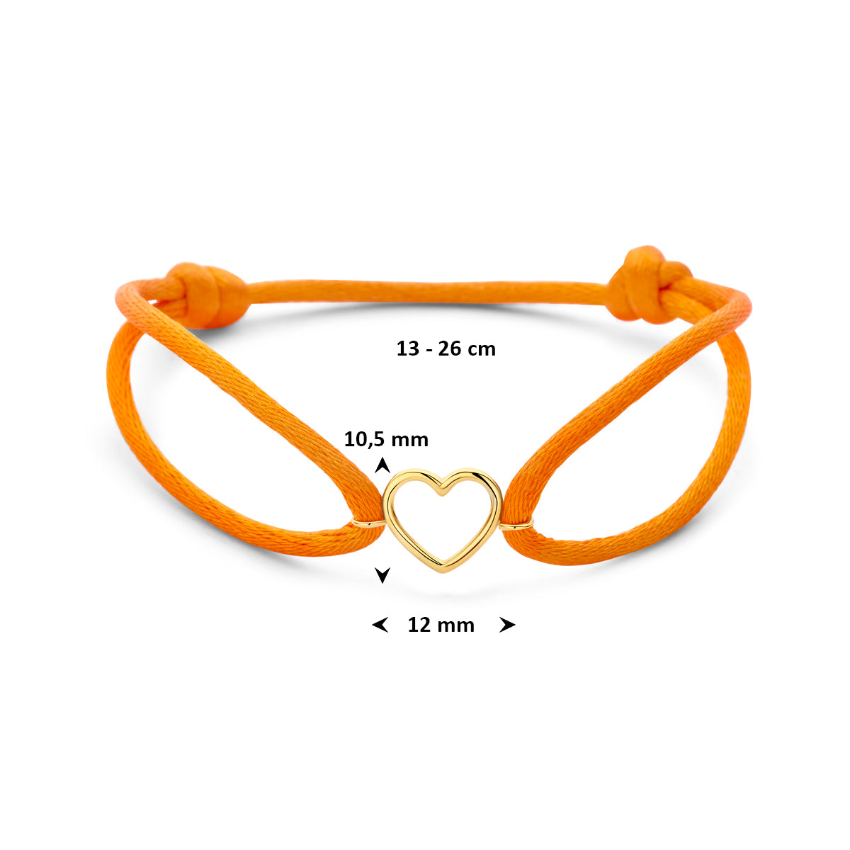 Armband orange Satin Herz 13 - 26 cm 14K Gold mit Gummi/Nylon/Leder