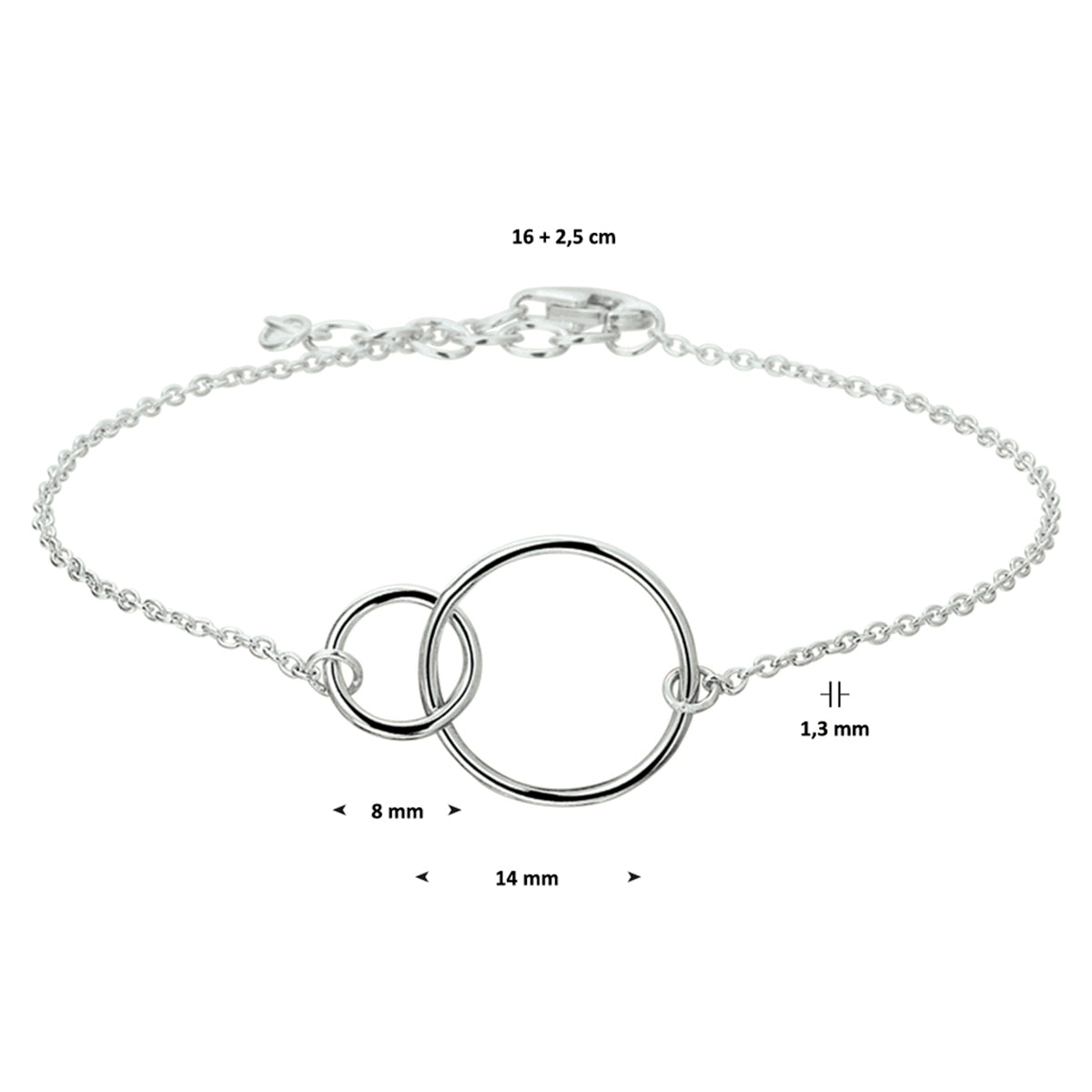 Armband Kreise 1,3 mm 16 + 2,5 cm Silber rhodiniert