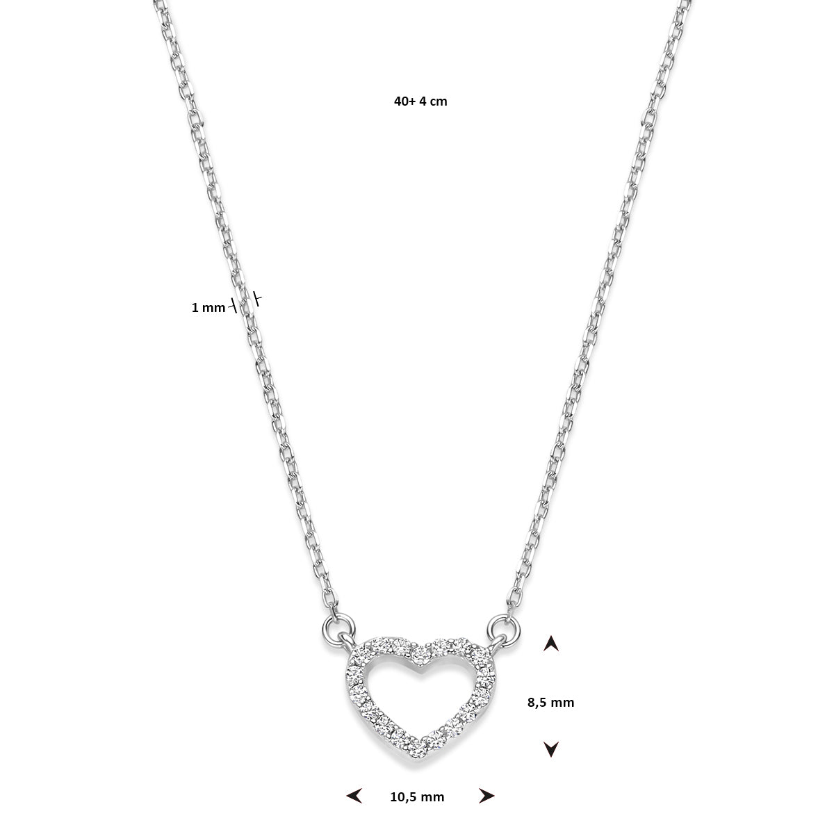 Halskette Herz Zirkonia 40 + 4 cm Silber rhodiniert