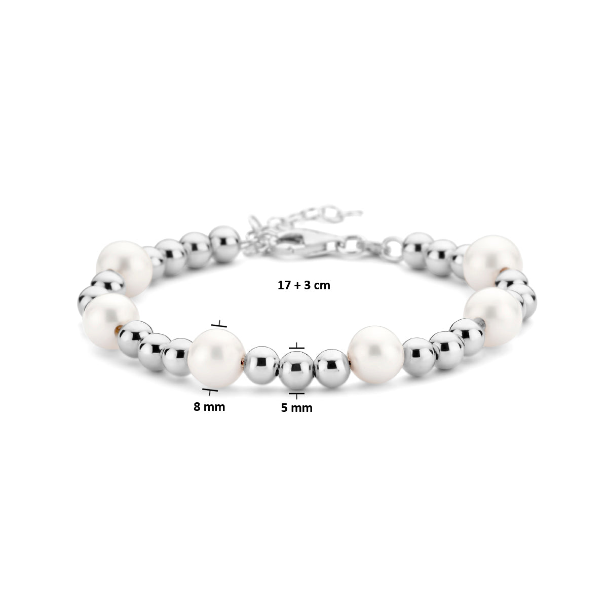 Armband Perle und Perlen 17 + 3 cm Silber rhodiniert