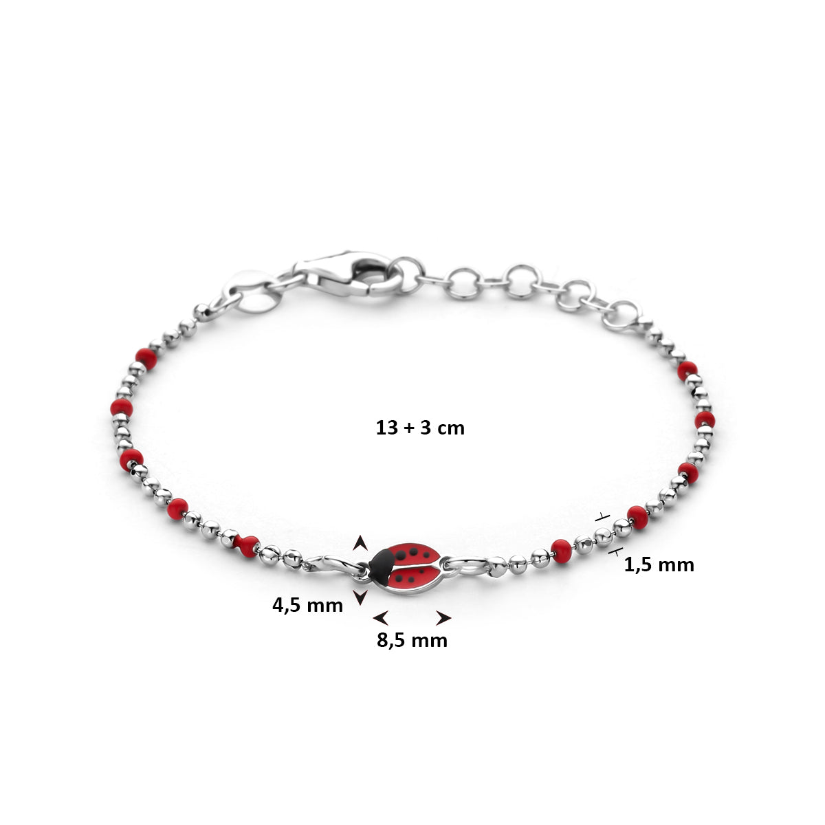 armband emaille lieveheersbeestjes 13 + 3 cm zilver gerhodineerd