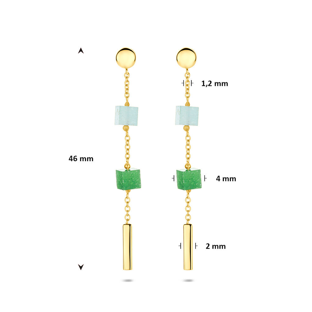 oorhangers blauw en groen kwartsiet 46 mm 14K geelgoud