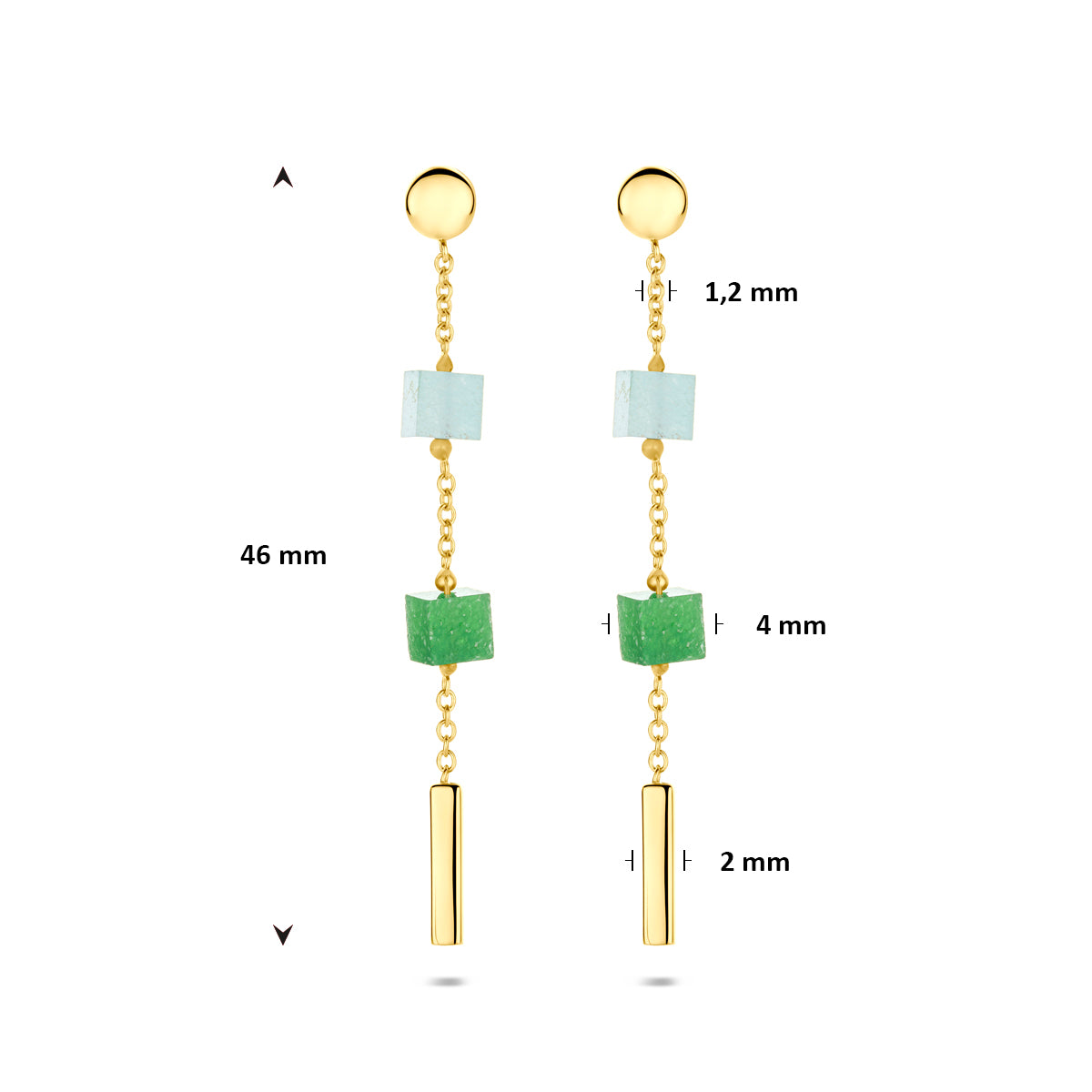 oorhangers blauw en groen kwartsiet 46 mm 14K geelgoud