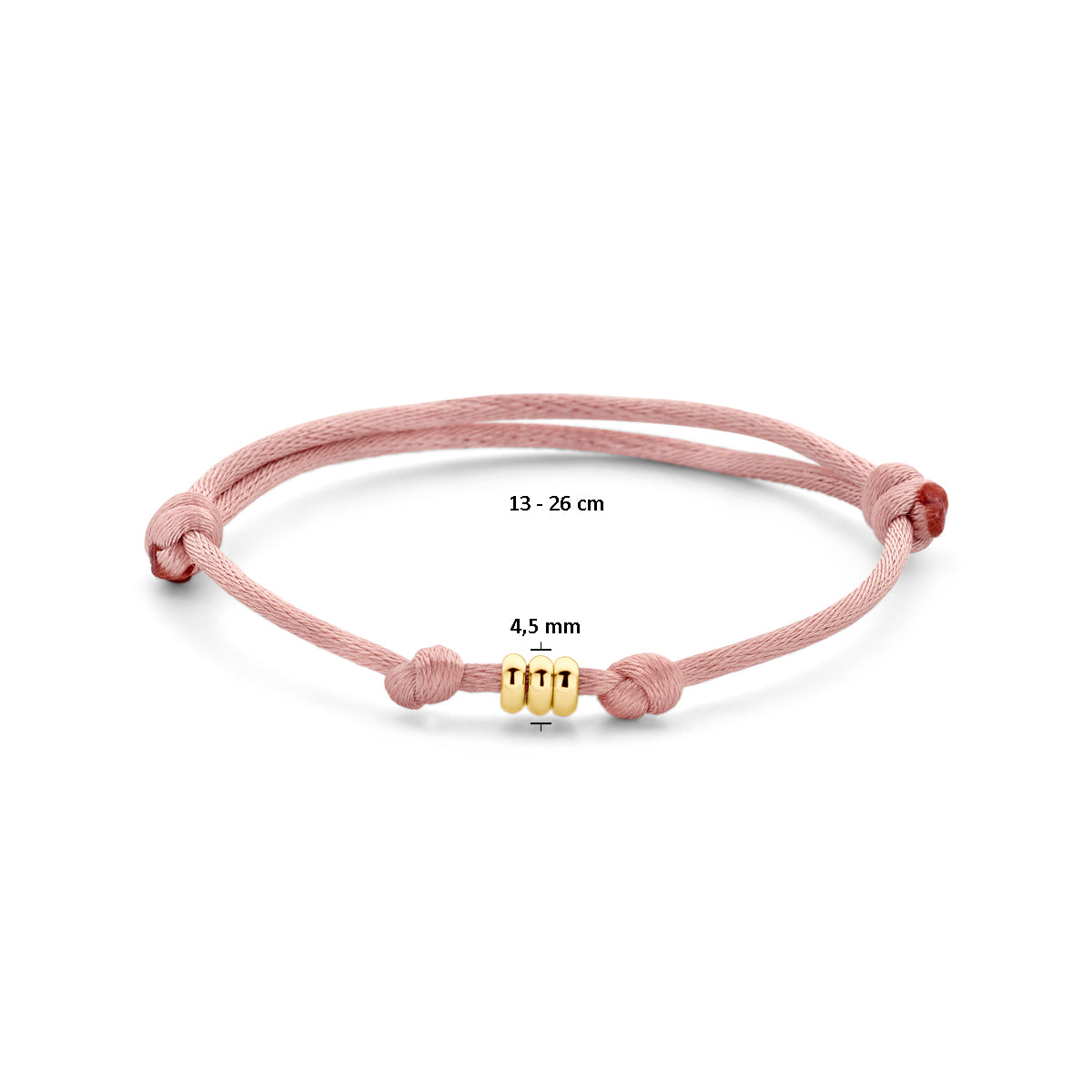 armband satijn zacht roze 13 - 26 cm 14K goud met rubber/nylon/leer