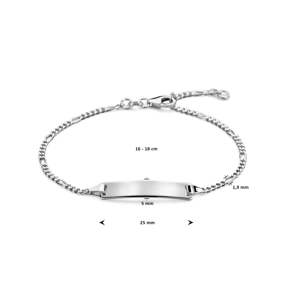 graveerarmband figaro plaat 5,0 mm 16 - 18 cm zilver wit