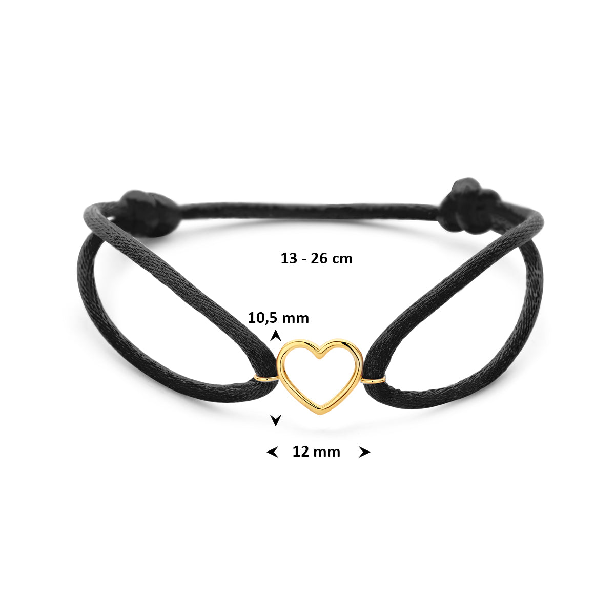 Armband schwarz Satin Herz 13 - 26 cm 14K Gold mit Gummi/Nylon/Leder