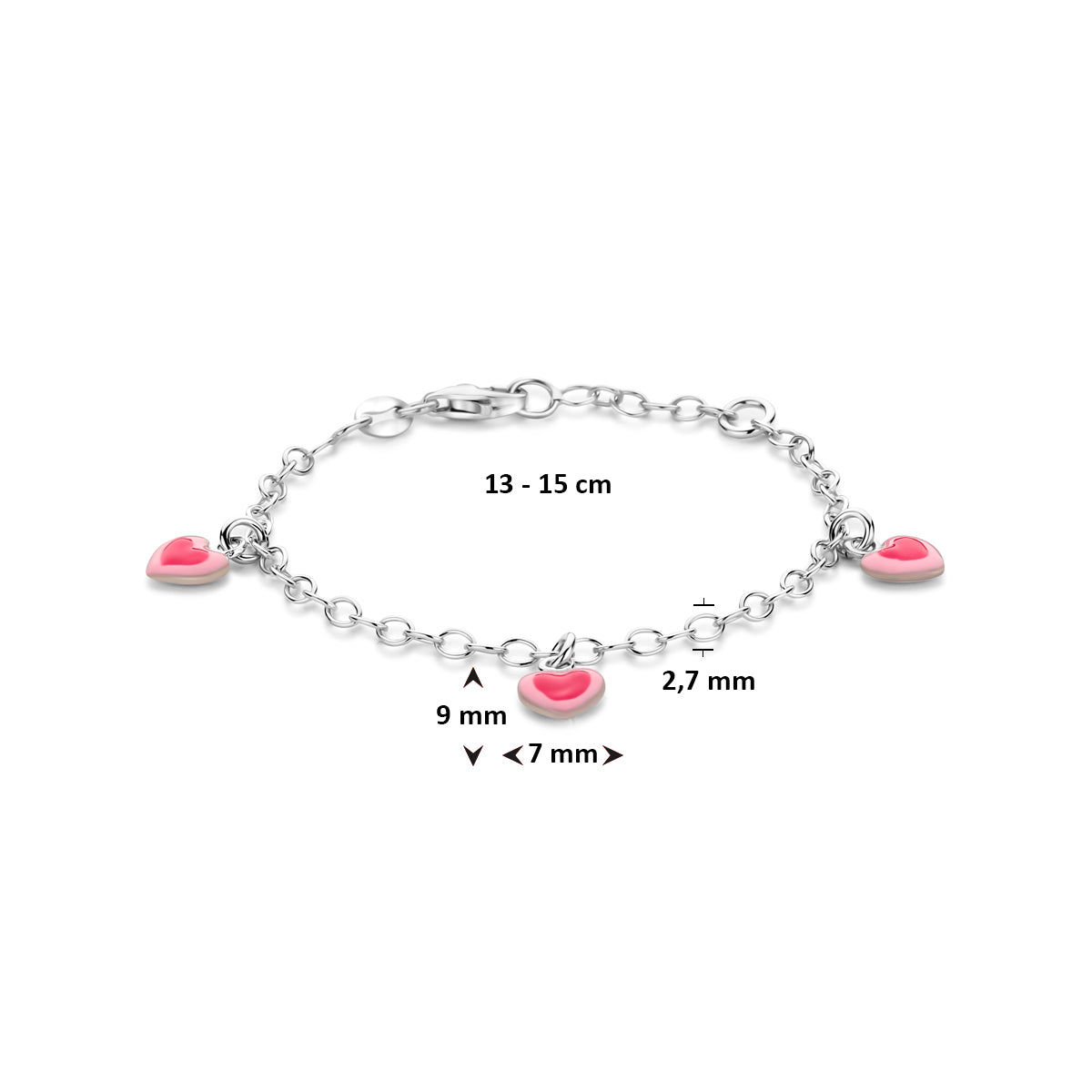armband emaille hartjes 13 - 15 cm zilver gerhodineerd