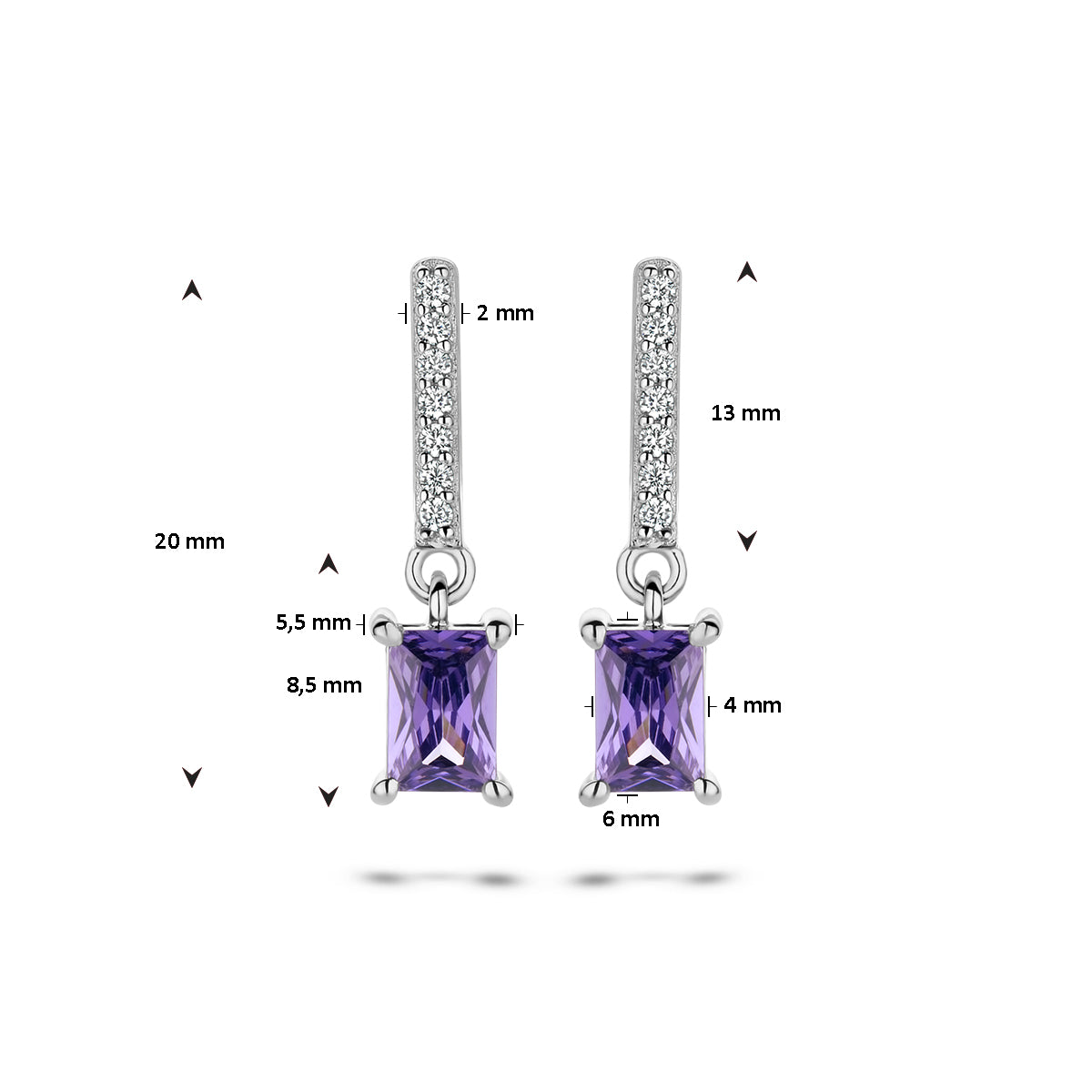 oorhangers amethistkleurig en wit zirkonia zilver gerhodineerd