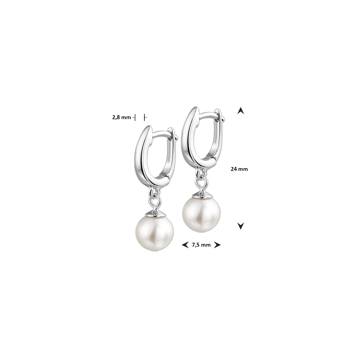 klapoorringen parel 24 mm zilver gerhodineerd