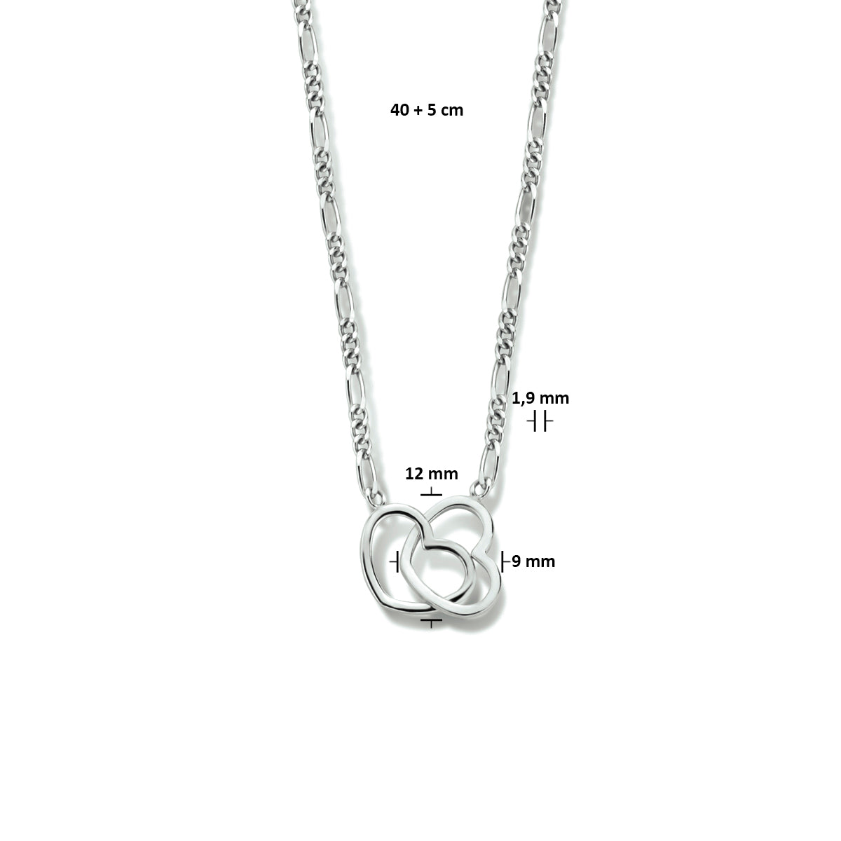 Halskette Herzen 40 + 5 cm Silber rhodiniert