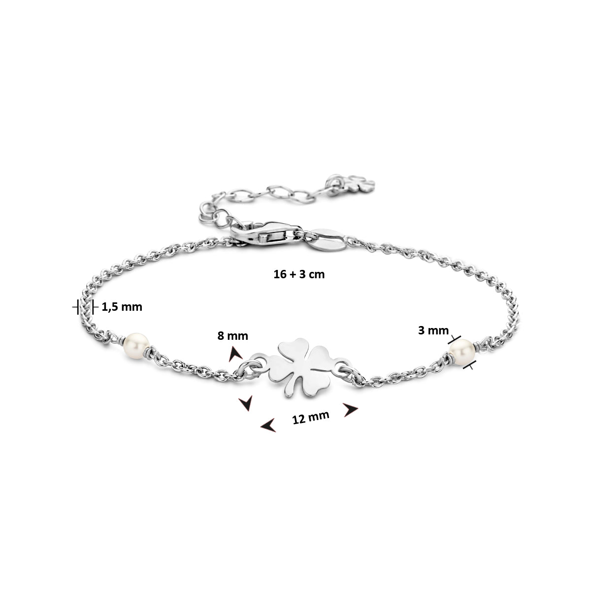 Armband, synthetische Perle und Kleeblatt, 16 + 3 cm, rhodiniertes Silber