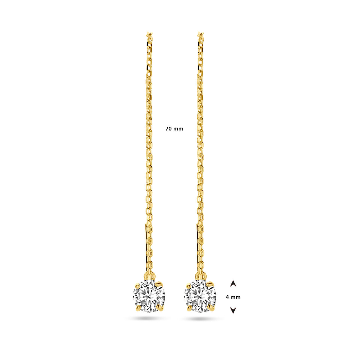 doortrekoorbellen zirkonia 70 mm 14K geelgoud
