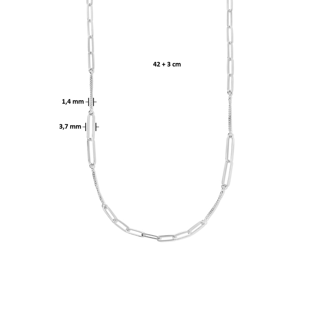 combi-collier paperclip platte buis en gourmette 3,7 mm 42 + 3 cm zilver gerhodineerd