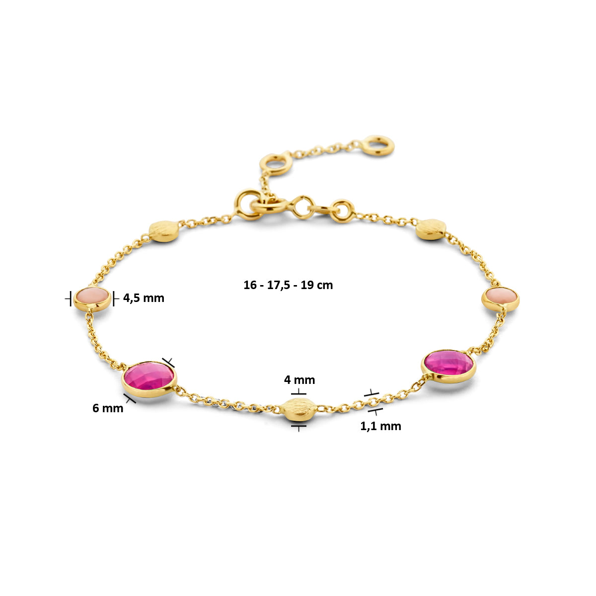 armband robijn, opaal en rondjes 16 - 17,5 - 19 cm 14K geelgoud - rondje,bolletje,ringetje,draad