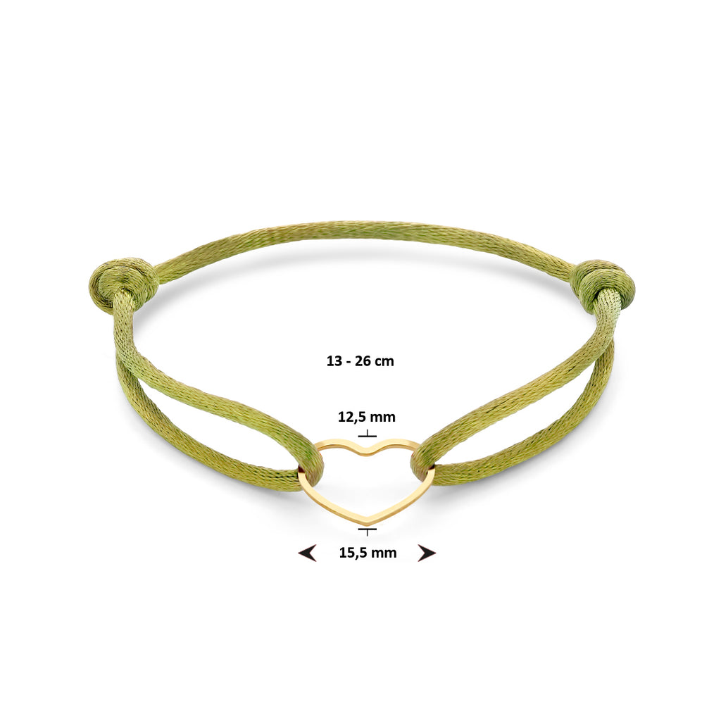 armband satijn mosgroen hart 13 - 26 cm zilver verguld (met rubber/nylon/leer)