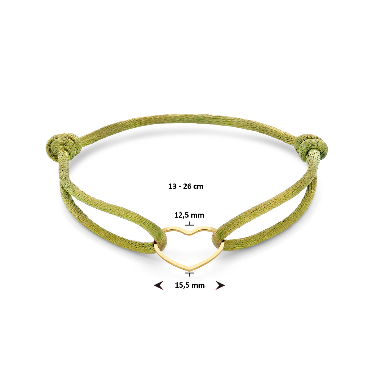 armband satijn mosgroen hart 13 - 26 cm zilver verguld (met rubber/nylon/leer)