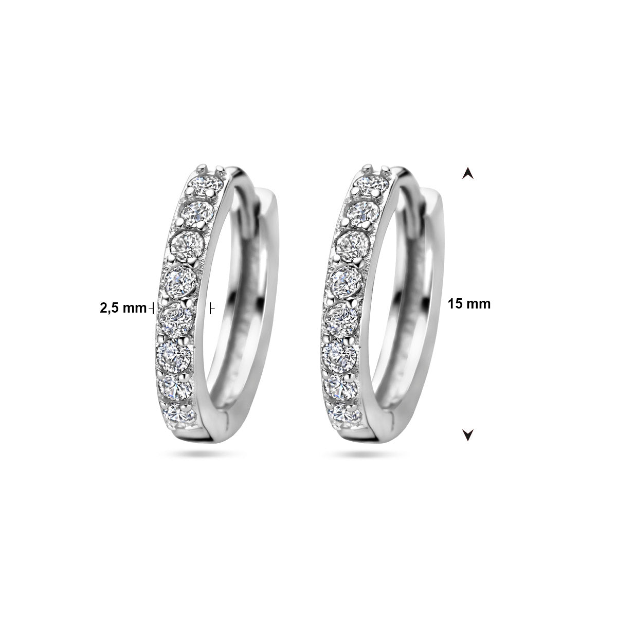 klapoorringen zirkonia 15 mm zilver gerhodineerd