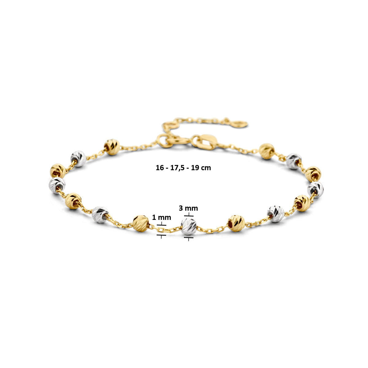 armband bolletjes gediamanteerd 3,0 mm 16 - 17,5 - 19 cm 14K bicolor goud geel/wit - rondje,bolletje,ringetje,draad