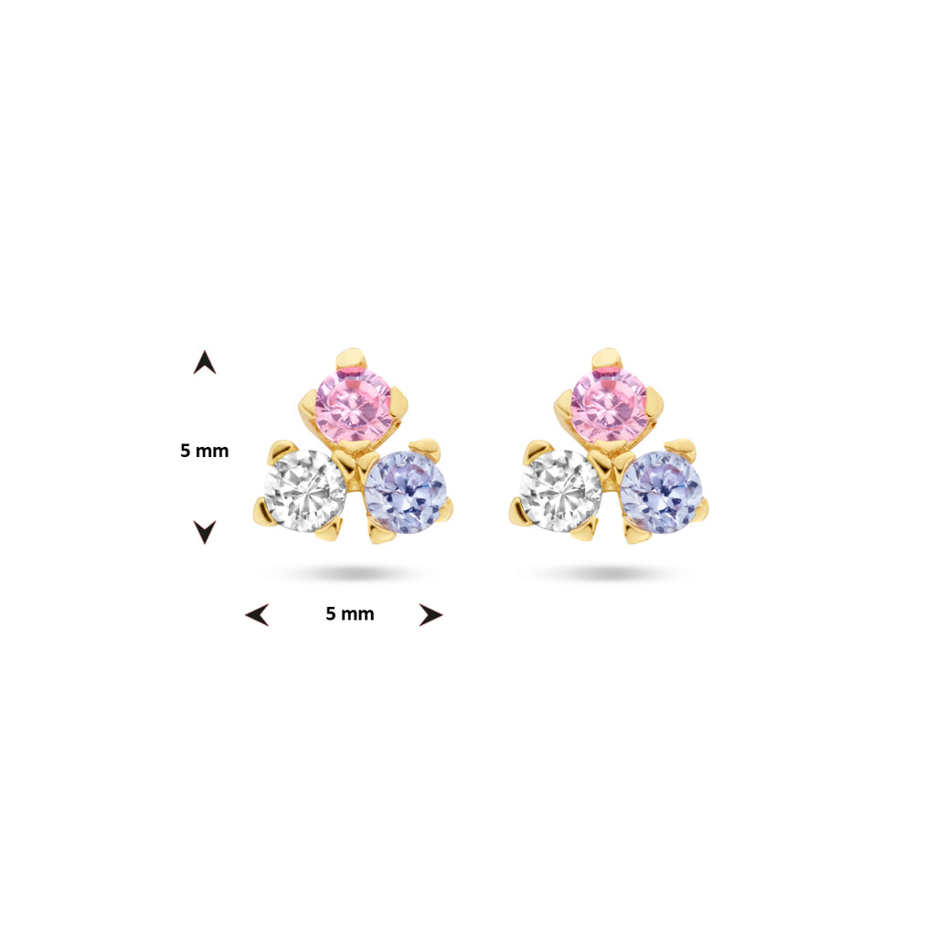 Ohrstecker blau, rosa und weiß Zirkonia 14K Gelbgold