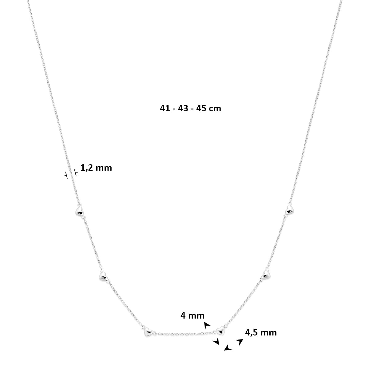 Halskette Herzchen 41 - 43 - 45 cm rhodiniertes Silber