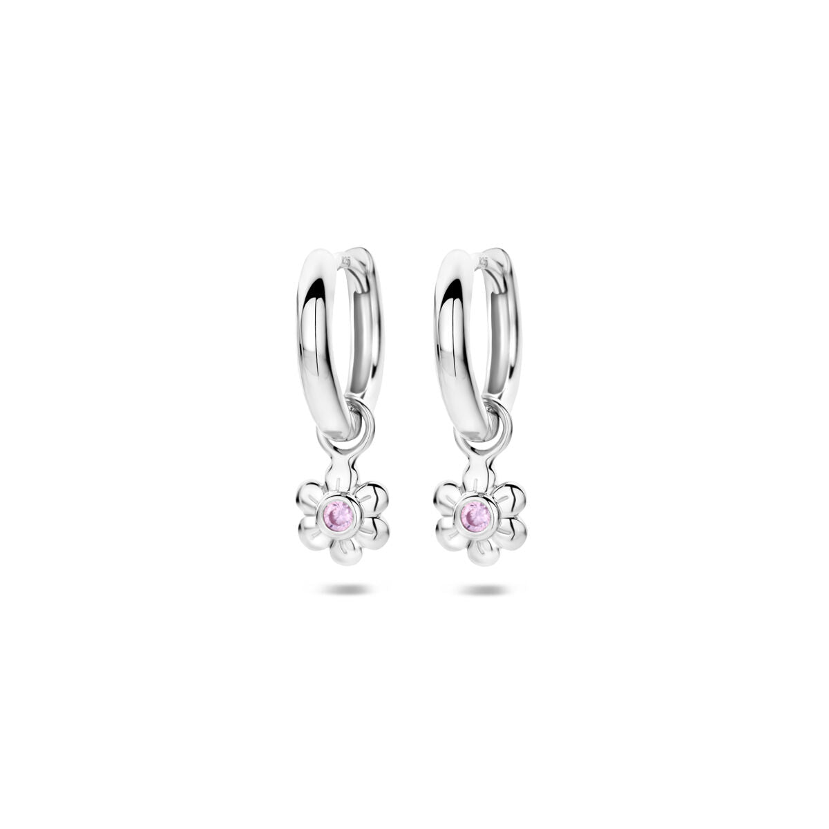 oorringen bloem roze zirkonia 12 mm zilver gerhodineerd