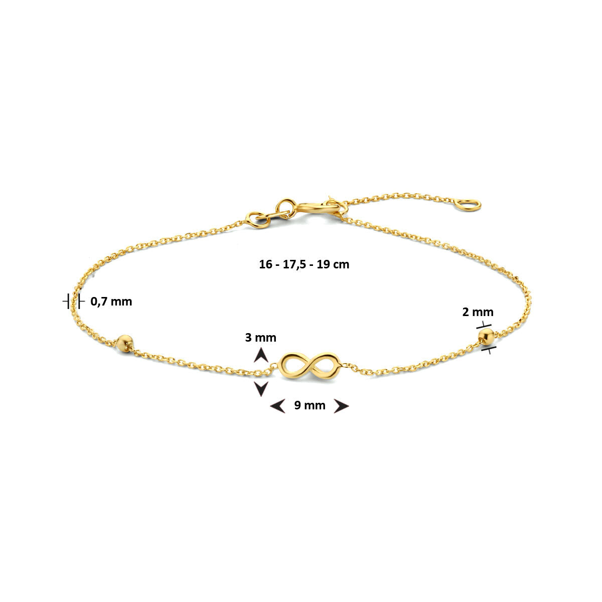 Armband Unendlichkeit und Kugeln 16 - 17,5 - 19 cm 14K Gelbgold