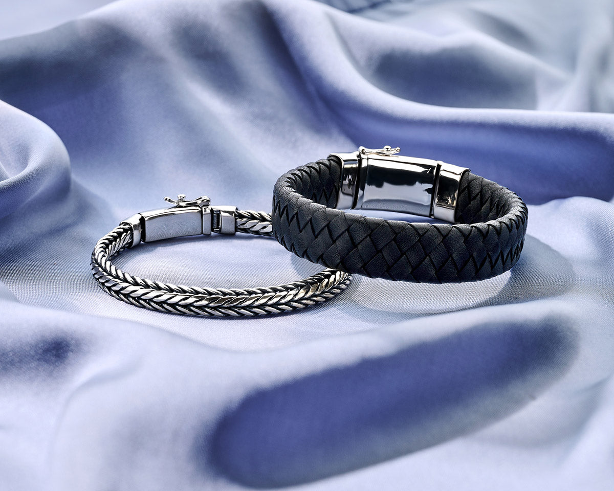 armband zwart leer 15 mm 21 cm zilver gerhodineerd