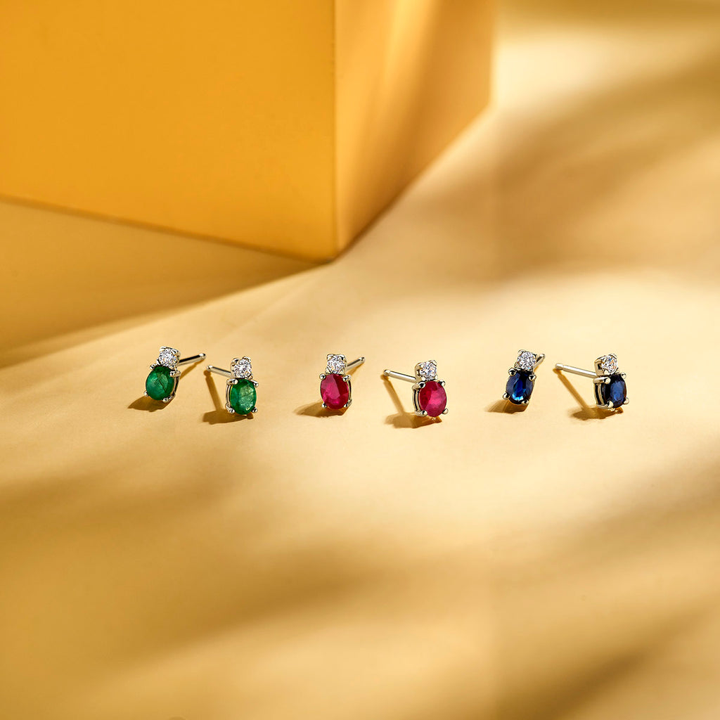 oorknoppen saffier en zirkonia 6 mm 14K geelgoud