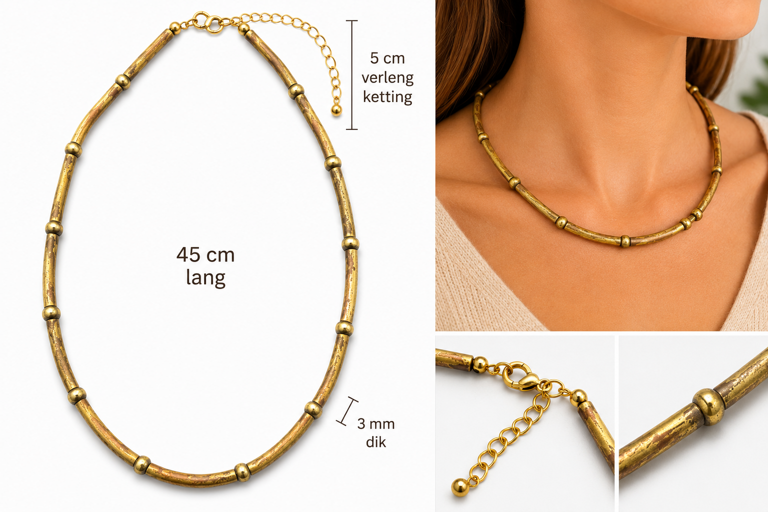 Handgemaakt Collier van Gepatineerd Messing – Vintage Halsketting met Antieke Uitstraling