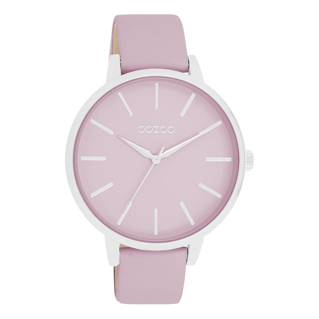 Zilverkleurige horloge met lila leren band