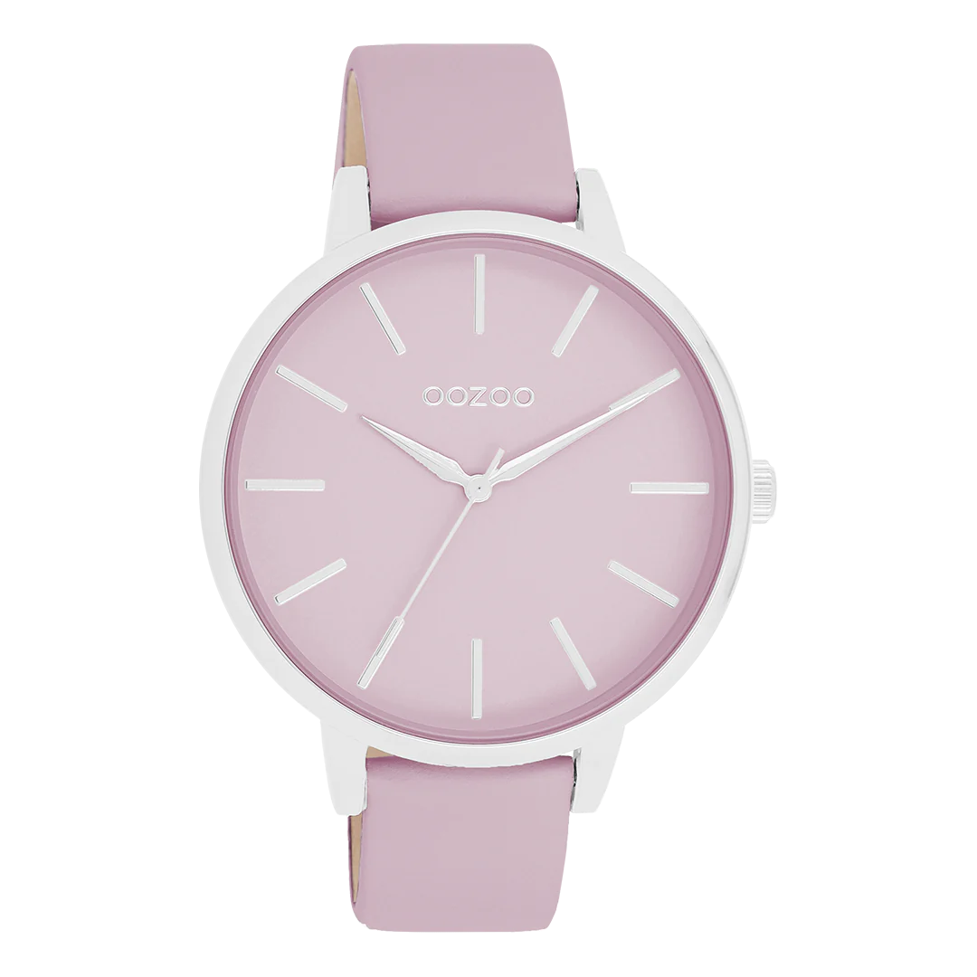 Zilverkleurige horloge met lila leren band