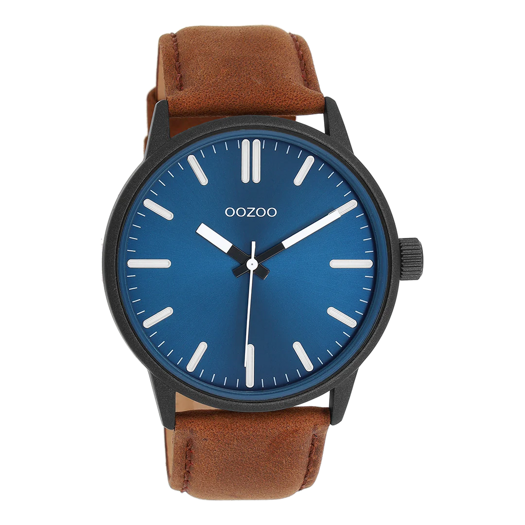 Zwarte horloge met bruine leren band