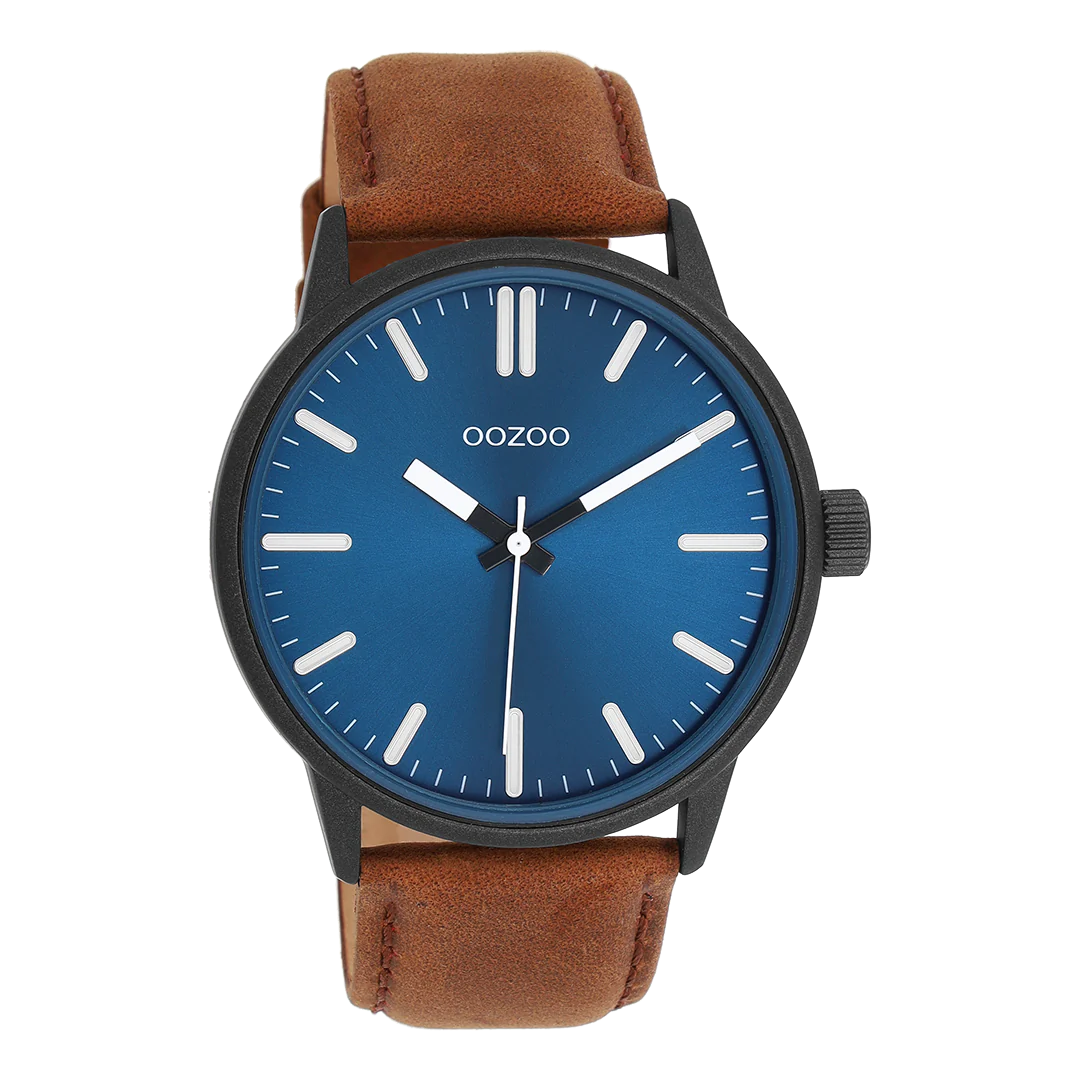 Zwarte horloge met bruine leren band