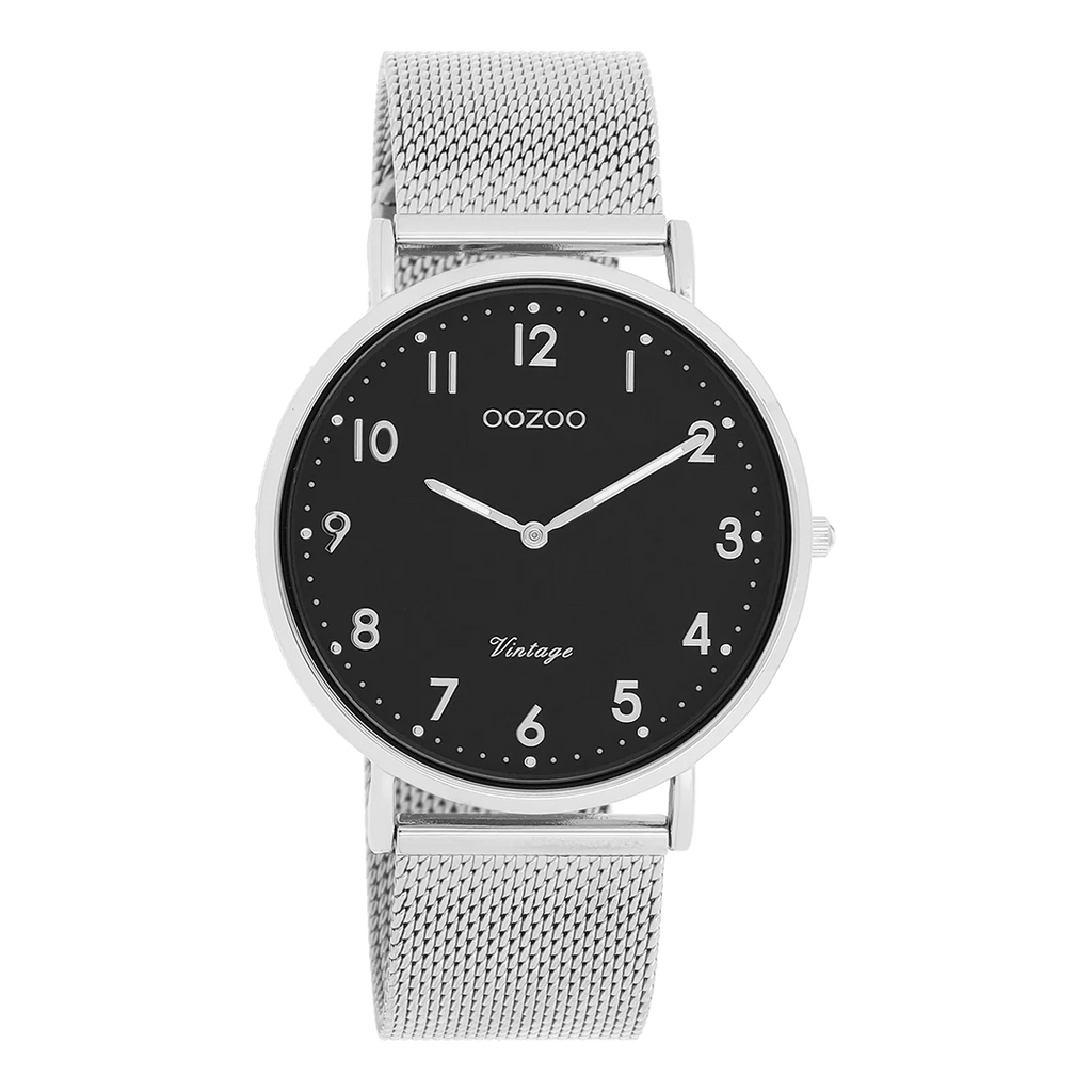 Zilverkleurige horloge met zilverkleurige metalen mesh band 40 mm